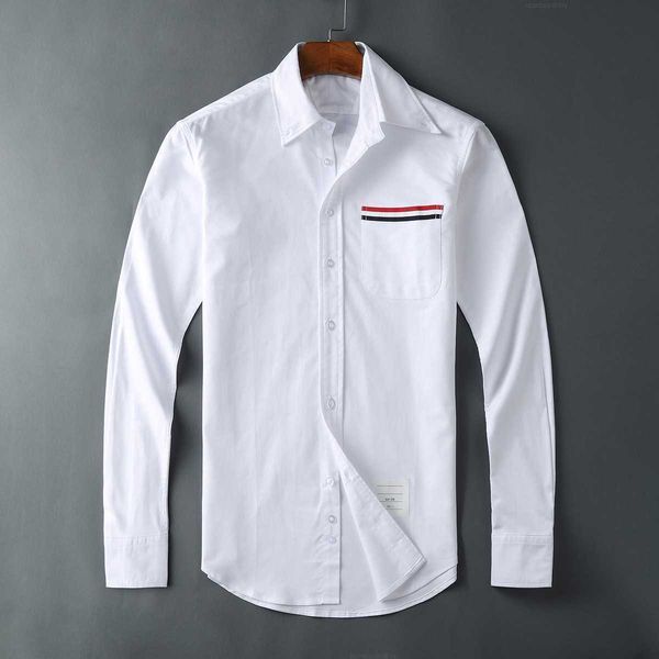 

2023 fashion tb thom brand shirts men slim white pocket stripes full casual shirt turn down collar oxford solid men's clothing, White;black