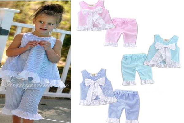 

girls lotus shirt pants suits lotus leaves edge lattices big bow sleeveless summer shirts pants 17t7928326, White