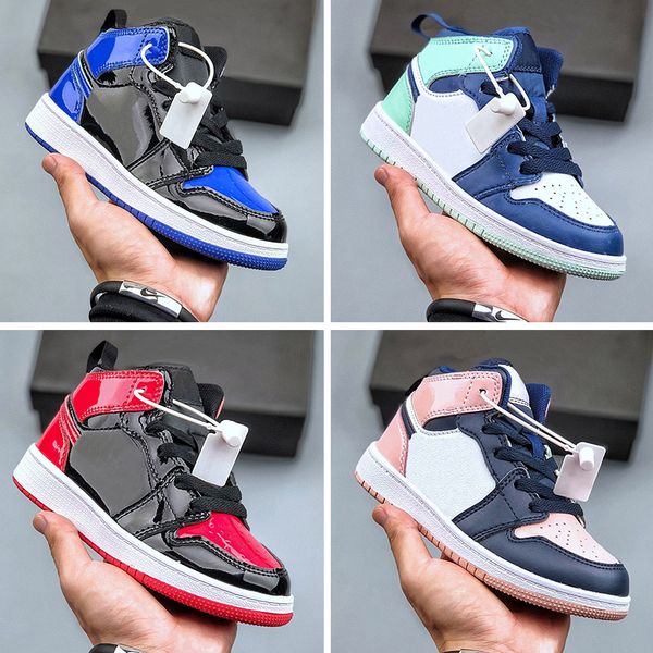 

kids shoes 1s basketball shoes jumpman 1 patent leather bred blue baby toddler childrens sneakers unc digital pink dark mocha infant youth b, Black