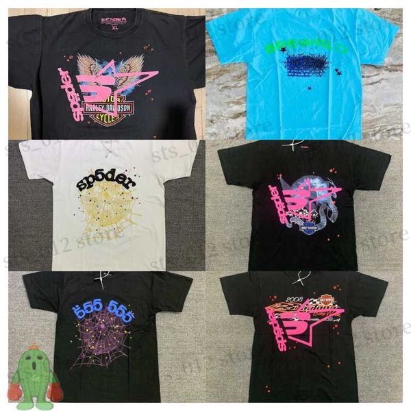 

men's t-shirts foam spider web pint young thug t-shirt cotton oversize men women summer t shirt sp5der 555555 tee t230512, White;black
