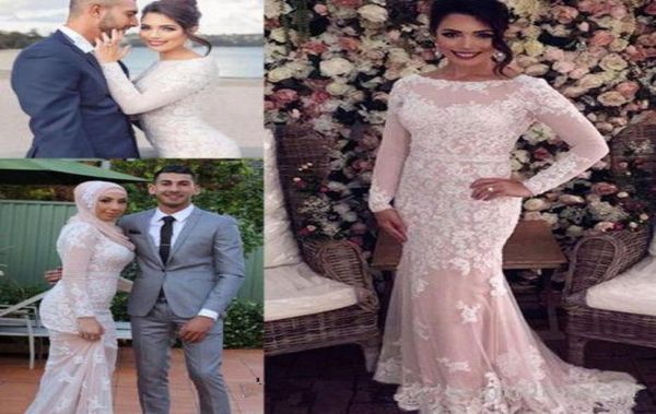 

pink long sleeves muslim prom dresses long 2018 scoop neck lace appliques mermaid evening gowns formal party wear4805113, Black