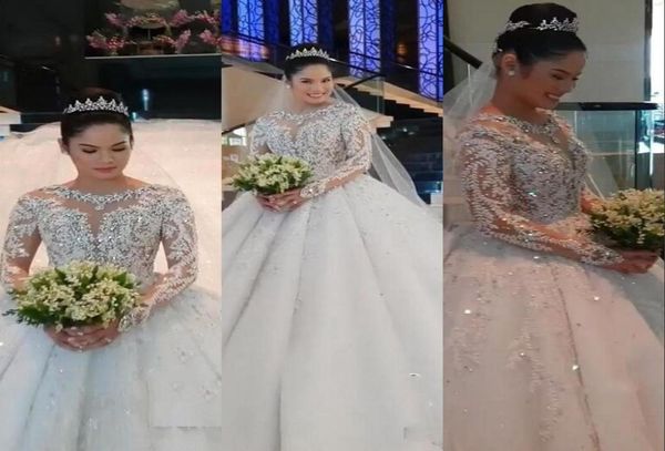

arabic luxury ball gown wedding dresses lace appliques long sleeves puffy jewel neck sequins beaded cathedral train formal br3521095, White