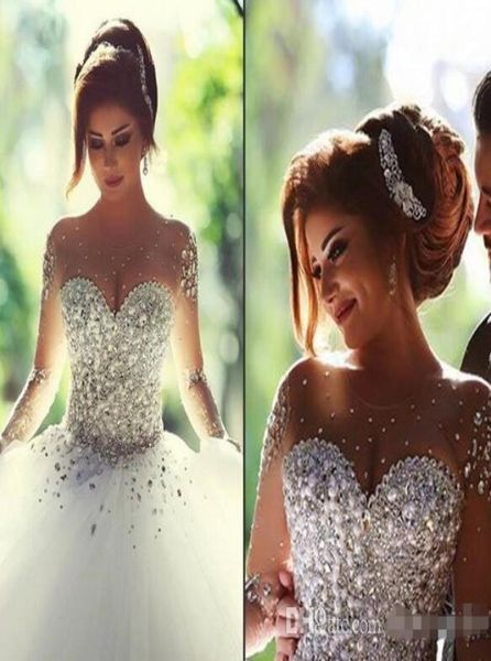 

luxury arabic dubai style wedding dresses with sheer long sleeve heavy crystals pearls beaded custom made women bridal ball gown n7758751, White