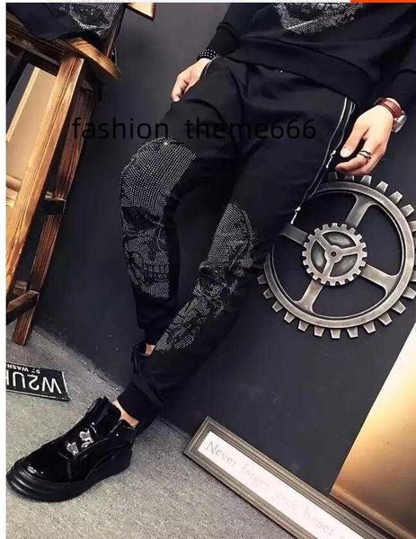 

spring drilling skull men's casual pants men's dark thin feet quality, Black