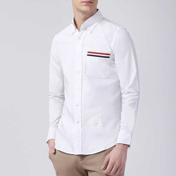 

2023 tb thom fashion brand shirts men formal slim white pocket stripes casual shirt business oxford cotton solid men's clothing erw0, White;black