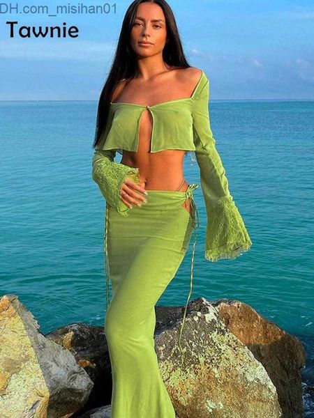 

two piece dress two piece dress tnie y2k see through maxi skirt 2 pieces sets long sleeve cardigan crop bodycon women summer 221124 z230703, White