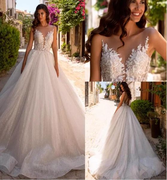 

modest beach boho a line wedding dresses 2023 lace o neck sleeveless country long tulle plus size bridal gowns robes de mariee bc17410157, White