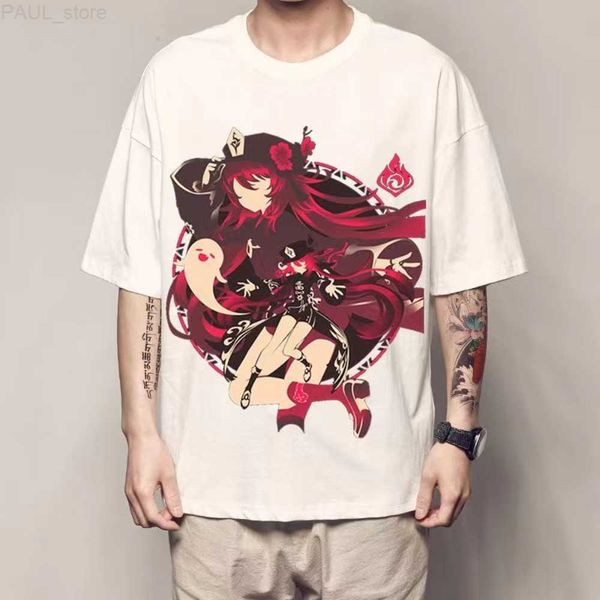 

men's t-shirts hu tao anime t-shirt genshin impact manga graphic original oversize men cotton short sleeve tee women summer couple clot, White;black