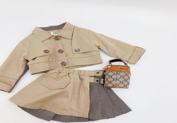 

designer style kids trench coat outfits fashion new children lapel plaid patchwork khaki short trench coatpleated skirts 2pcs set9465997, White