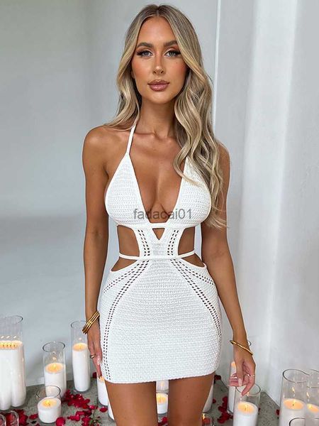 

mozision hollow out halter mini dress women summer new sleeveless backless skinny club party knit tank dress vestido l230621, Black;gray