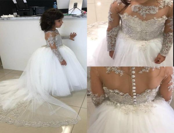 

2020 cute ballroom girl pageant dresses jewel neck appliqued beaded long sleeves flower girl gowns ruffle sweep train birthday gow7593537, White;blue