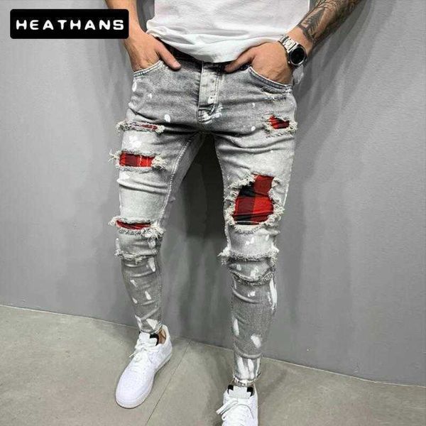 

slim-fit men ripped male jeans painted fashion patch beggar pants jumbo mens pencil hip hop drop, Blue
