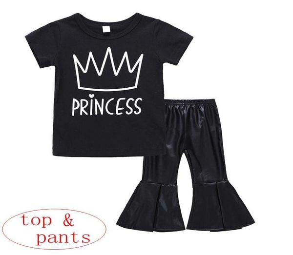 

girl crown print 2pcs set summer cotton black baby pu leather bellbottom trousers princess letter print 15t5792755, White