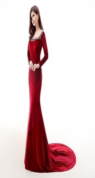 

dark red velvet evening dresses long sleeves sheer with beading mermaid prom dress redcarpet dresses fall winter runway dress8600411, Black;red