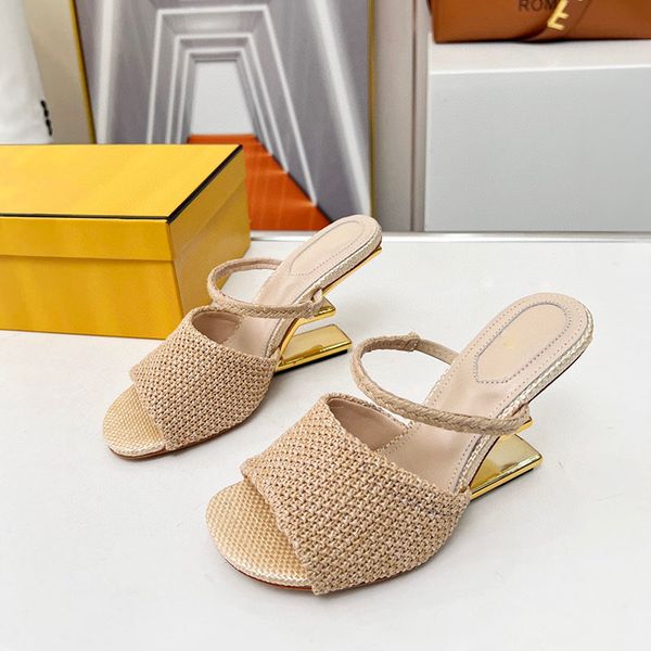 

woven lafite grass first raffia sandals heels summer women's luxury designers leather sole evening party dress wedding bridesmaid shoes, Black