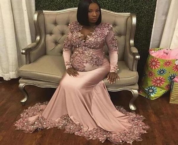 

2021 luxury dusty pink prom evening dresses appliques lace mermaid pregnant women long sleeves deep v neck crystal pearls for6288308, Black