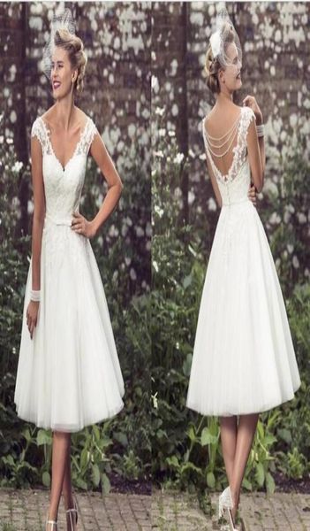 

1920s elegant tealength wedding dresses retro v neck cap sleeves appliques lace tulle ball gown short country wedding dresses9640082, White