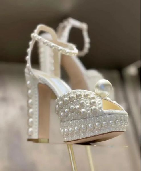 

2022s designer bridal shoes sacaria platform sandals pearl embellishment sacora women's high heels perfect evening lady pumps eu35-43, Black