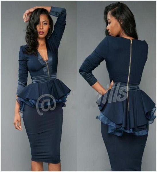

2018 new sheath knee length cocktail dresses peplum ruffles v neck zipper long sleeves navy blue prom gowns mother dress2678309, Black