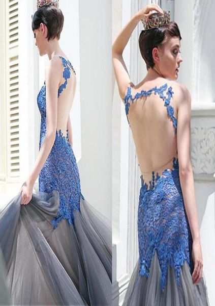 

scoop neckline mermaid evening dresses with lace appliques blue and grey open back prom dress vestido de formatura longo8596730, Black
