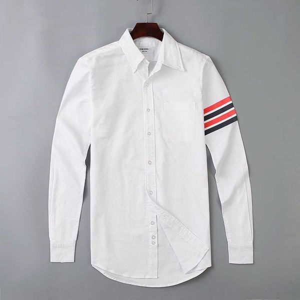 

2023 fashion tb thom brand shirts men slim white red black striped casual shirt turn down collar oxford solid men's clothing, White;black