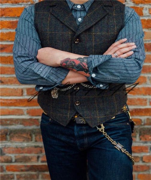 

farm wedding dark green plaid peak lapel vests groom suit vest slim fit tailor made handsome wedding vest men plus size8008787, Black