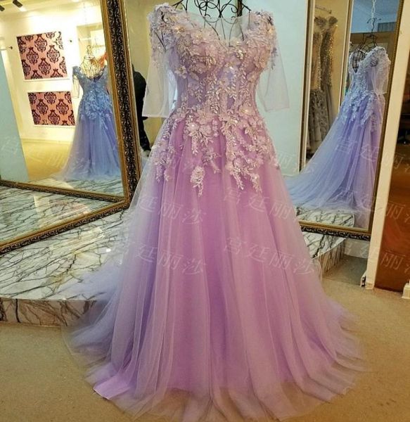 

light purple prom dresses fairy long sleeves sweep train pleats tulle applique with beading laceup back runway gowns illusio9016374, Black