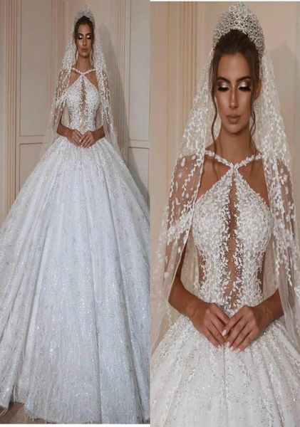 

2020 luxury ball gown wedding dresses spaghetti strap sleeveless beaded appliqued sequins bridal gown ruffle sweep train robes de 7976363, White