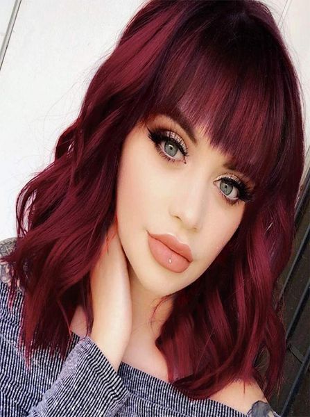 

bob curly wig synthetic short wine red wig with bangs natural looking heat resistant fiber hair for women2207921, Black