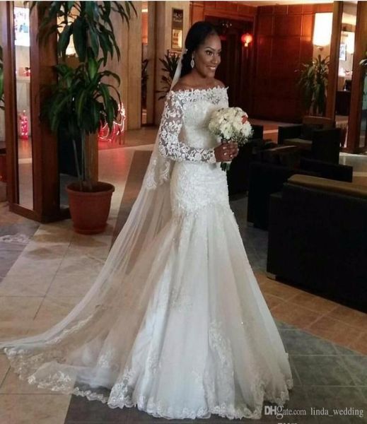 

south african appliques mermaid wedding dress long sleeve church garden bride bridal gown custom made plus size1649846, White