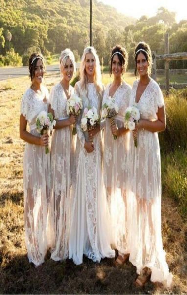 

2020 bohemain lace bridesmaid dress vneck short sleeve empire floorlength tulle applique illusion custom made beach brides9373065, White;pink
