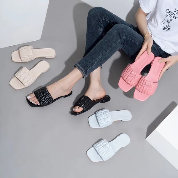 

designer miu slippers slides women metallic slide sandals black pink beige square toe heels ladies summer beach sandal party wedding slipper