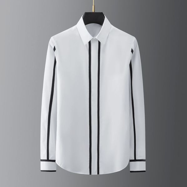 

men geometric webbing stitching business casual shirt long sleeve formal dress shirts social party clothing, White;black