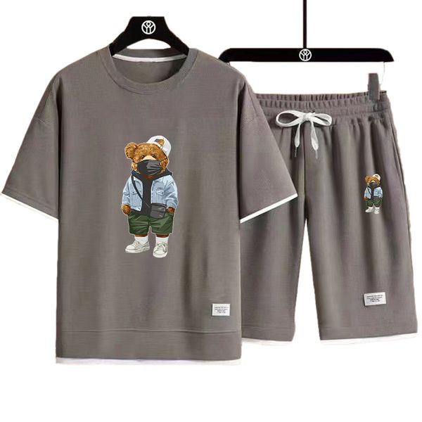 

summer men's sets fashion tracksuit teddy bear print short sleeve t shirts sport shorts suit men casual men clothing mens joggers sets, Gray