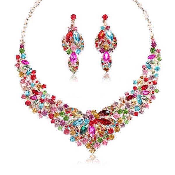 

necklace earrings two piece set of colorful flower bride advanced design sense 230628, Silver