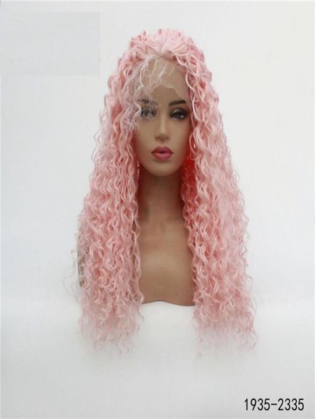 

pink color kinky curly synthetic hair lacefront wig hd transparent lace frontal perruques de cheveux humains wigs 193523351611543, Black;brown