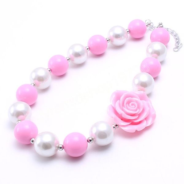 

girls trendy white + pink roses chunky bubblegum beads necklace handmade kids jewelry cute baby abs pearls necklace for party gifts, Red;brown