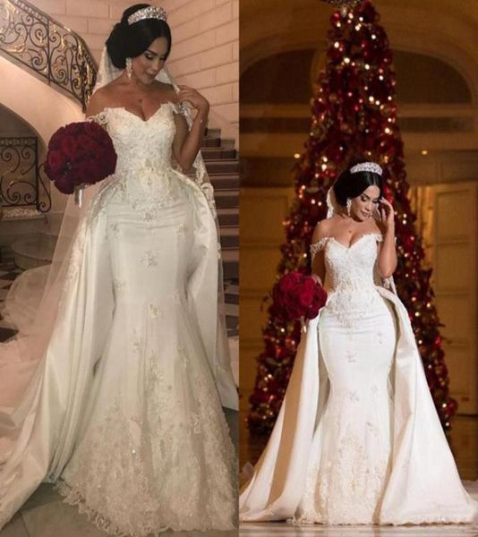 

african elegant beaded lace wedding dresses with detachable train off shoulder mermaid bridal gowns applique ivory satin wedding d5063240, White