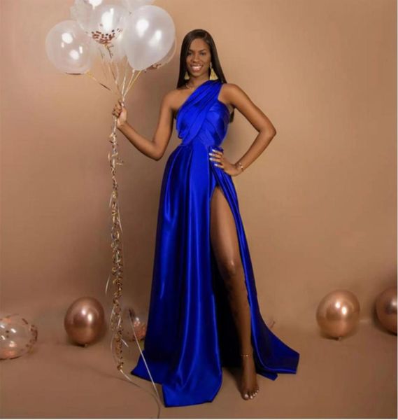 

elegant royal blue long prom dresses one shoulder pleat satin black women party dress with slit formal gown plus size3392832