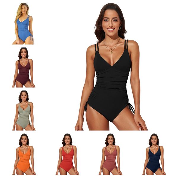 

summer bikini solid color v-neck halter one-piece swimsuit for women amazon cross border pit strip tight-fitting drawstring halter swimsuit