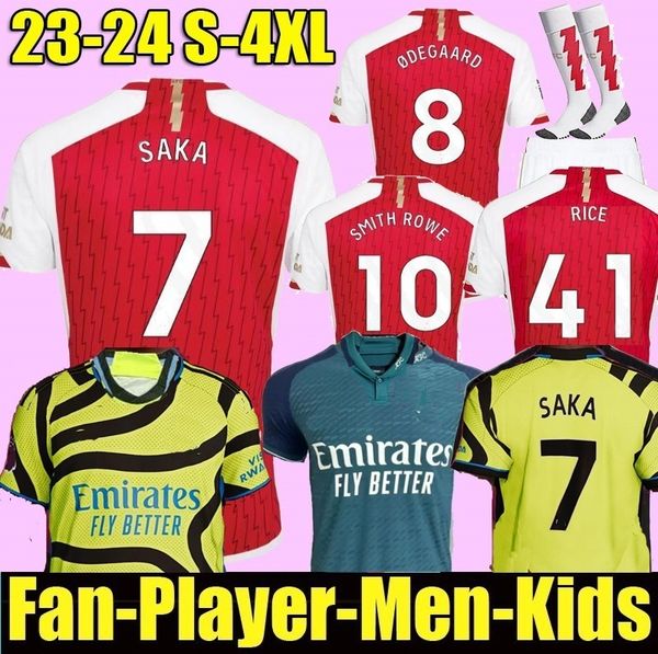 

s-4xl 23 24 smith rowe saka soccer jerseys fans player martinelli 2023 2024 football shirt men kids kit odegaard g.jesus zinchenko jorginho, Black;yellow