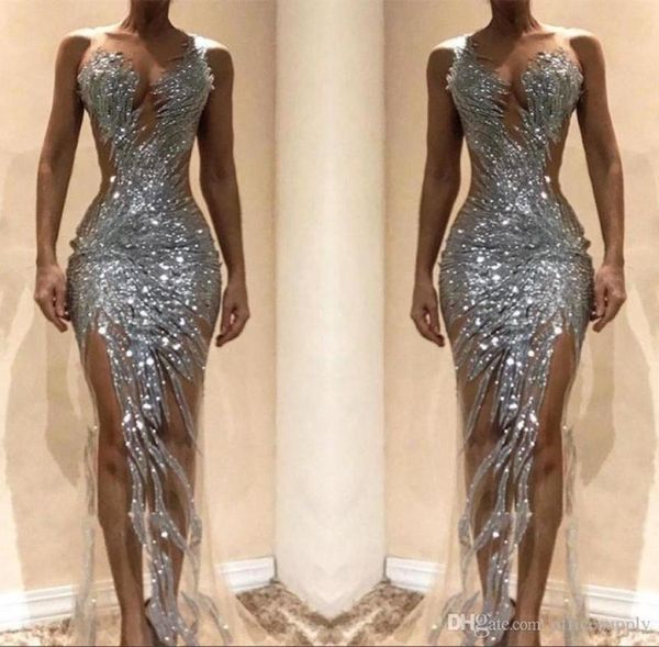 

gorgeous silver mermaid prom dresses 2022 see through sequins bodice split long women occasion evening gowns custom made1487081, Black