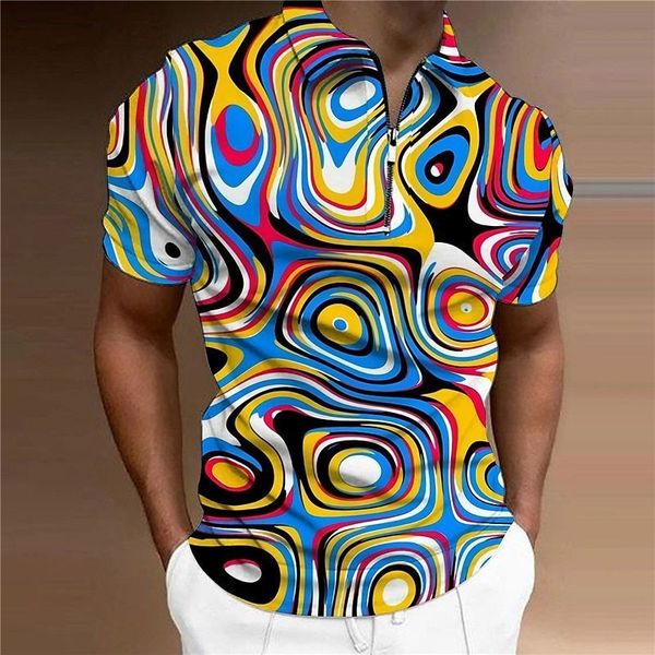 

men's polos polo shirt fashion lapel tie dye print casual loose short sleeve tshirt summer striped harajuku zipper clothing 230703, White;black