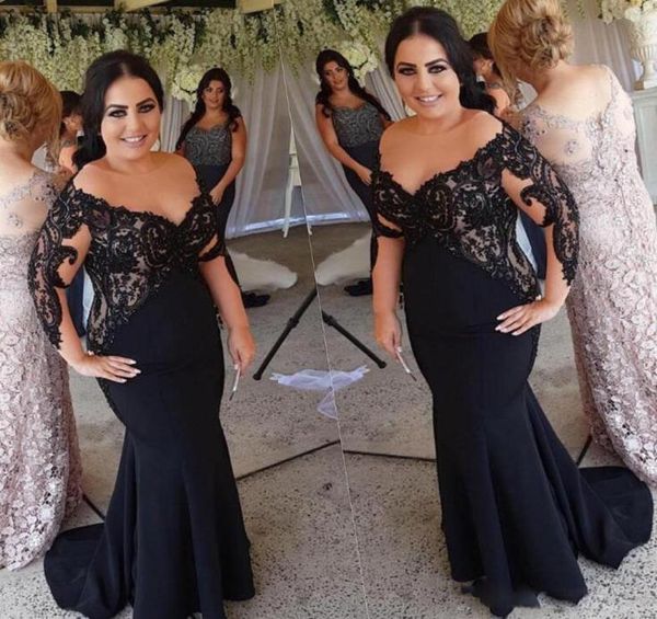 

2019 black plus size mermaid arabic evening dresses sheer neck long sleeves beaded prom party gowns robe de soiree4566660, Black;red