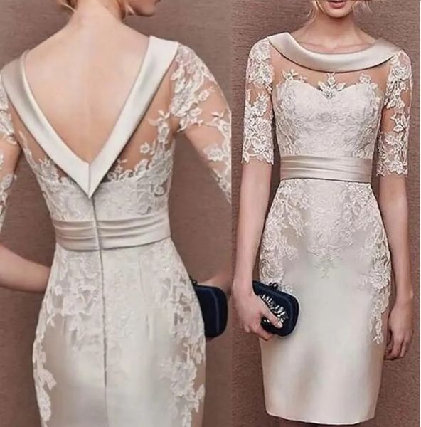 

sheath mother of the bride dress elegant jewel neck knee length satin lace short sleeve appliques wedding guest party gowns champagne, Black;red