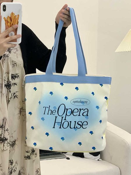 

2023ins blue island french floral niche design sense commuter large capacity work canvas bag tote