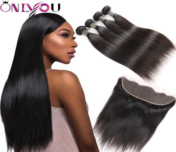 

onlyou hair vendors brazilian straight body wave 4 bundles with frontal ear to ear unprocessed virgin hair extensions human hair b7370691, Black;brown