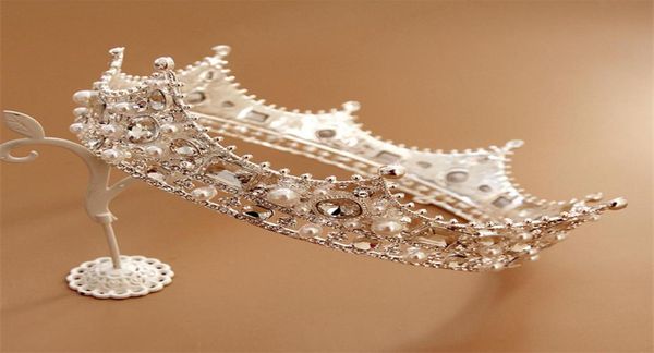 

vintage wedding bridal queen crown tiara crystal rhinestone headband full round crown pageant hair accessories silver pearl headdr3526343