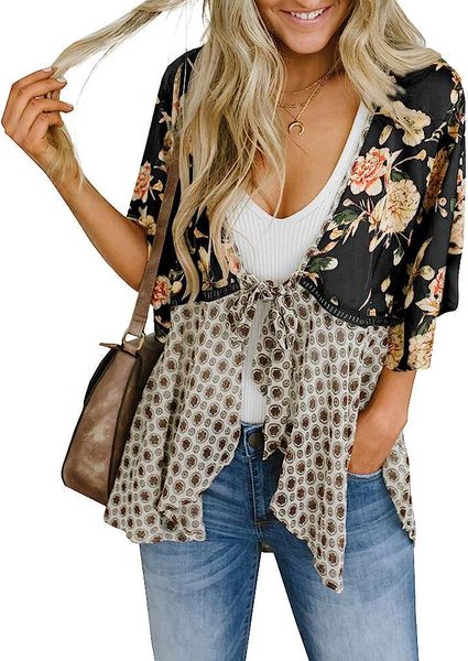 

women floral kimono cardigans 3/4 ruffle sleeve lightweight patchwork flowy boho tie loose cover ups, White