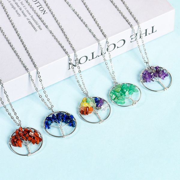 

7 chakra quartz natural stone tree of life pendulum pendant necklace for women healing crystal necklaces, Silver